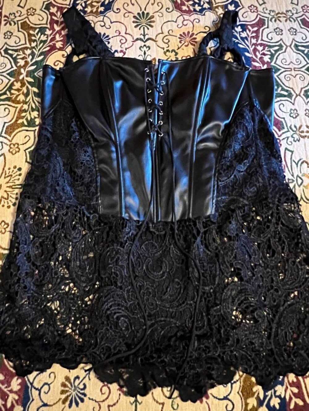 Upcycled Black Leather (faux) and Lace Top with Corset Lace Up Style XL